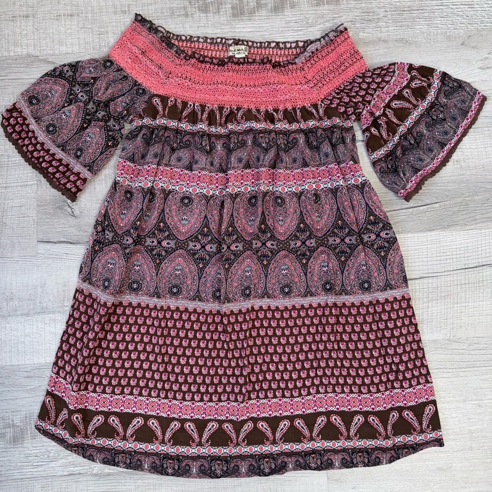 One World Boho Paisley‎ Off Shoulder Smocked Tunic Top Hippie Festival No Size